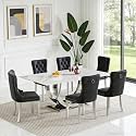 7-Piece Faux Marble Dining Table Set for 6, Luxury White Marble Silver Kitchen Table with 6 Black Tufted Chairs, 69.3" Rectangular Dining Room Table with Dual U-Shape Stainless Steel Base