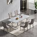 7 Piece Marble Dining Table Set for 6, Luxury 68" White Marble Silver Kitchen Table with 6 Grey Velvet Upholstered Chairs, Modern 6 Person Dining Room Table Set for Kicken Dining Office Room