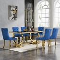 7 Piece Marble Dining Table Set for 6, Luxury Black Marble Gold Kitchen Table with 6 Blue Velvet Upholstered Chairs, Modern 6 Person Dining Room Table Set for Kicken Dining Office Room
