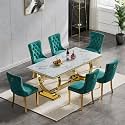 7 Piece Marble Dining Table Set for 6, Luxury White Marble Gold Kitchen Table with 6 Green Velvet Upholstered Chairs, Modern 6 Person Dining Room Table Set for Kicken Dining Office Room
