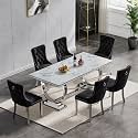 7 Piece Marble Dining Table Set for 6, Luxury 68" White Marble Silver Kitchen Table with 6 Black Velvet Upholstered Chairs, Modern 6 Person Dining Room Table Set for Kicken Dining Office Room