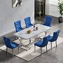 7 Piece Marble Dining Table Set for 6, Luxury White Marble Silver Kitchen Table with 6 Blue Velvet Upholstered Chairs, Modern 6 Person Dining Room Table Set for Kicken Dining Office Room