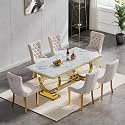 7 Piece Marble Dining Table Set for 6, Luxury White Marble Gold Kitchen Table with 6 Beige Velvet Upholstered Chairs, Modern 6 Person Dining Room Table Set for Kicken Dining Office Room