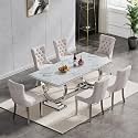 7 Piece Marble Dining Table Set for 6, Luxury 68" White Marble Silver Kitchen Table with 6 Beige Velvet Upholstered Chairs, Modern 6 Person Dining Room Table Set for Kicken Dining Office Room