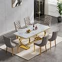 7 Piece Marble Dining Table Set for 6, Luxury White Marble Gold Kitchen Table with 6 Grey Velvet Upholstered Chairs, Modern 6 Person Dining Room Table Set for Kicken Dining Office Room