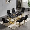 7 Piece Marble Dining Table Set for 6, Luxury 68"" Black Marble Gold Kitchen Table with 6 Black Velvet Upholstered Chairs, Modern 6 Person Dining Room Table Set for Kicken Dining Office Room
