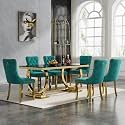7 Piece Marble Dining Table Set for 6, Luxury 68"" Black Marble Gold Kitchen Table with 6 Green Velvet Upholstered Chairs, Modern 6 Person Dining Room Table Set for Kicken Dining Office Room