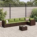 7 Piece Modular Patio Lounge Set Brown PE Rattan with Powder-Coated Steel Frame and Tempered Glass Table, Outdoor Furniture with Green Cushions for Garden Balcony Seating,