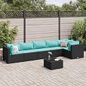 7 Piece Patio Lounge Set with Cushions, Black PE Rattan and Powder-Coated Steel Frame, Tempered Glass Table Top, Modular Outdoor Furniture, Weather-Resistant Seating