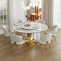 7-Piece Round Dining Table Set, Sintered Stone Faux Marble Dining Table with Lazy Susan&amp; Stainless Steel Gold Base,6 Pcs White Dining Chairs Kitchen Dining Room Table Set