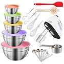 7-Speed Electric Hand Mixer,5 Large Mixing Bowls Set,Handheld Mixers with Whisks Beater,Stainless Steel Metal Nesting Bowl Measuring Cups Spoons Kitchen Cake Blender for Prep Baking Supplies