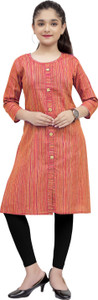 7 tiara striped cotton blend straight kurta for girls orange