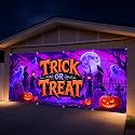 7 x 16 ft Trick Treat Halloween Garage Door Decorations Halloween decorations Door Cover, Blacklight UV Reactive Hanging Banner for Home, Outdoor, Indoor, Spooky Party, Wall, Window