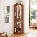 70" Lighted Corner Bar Cabinet, Bistro Cabinets with Side-Hung Glass Doors & Adjustable Shelves, Pantry Cabinet with Mirrored Back for Home Display & Storage, Dark Oak