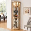 70" Lighted Corner Bar Cabinet, Bistro Cabinets with Side-Hung Glass Doors &amp; Adjustable Shelves, Pantry Cabinet with Mirrored Back for Home Display &amp; Storage, Oak