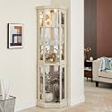 70" Lighted Corner Bar Cabinet, Bistro Cabinets with Side-Hung Glass Doors &amp; Adjustable Shelves, Pantry Cabinet with Mirrored Back for Home Display &amp; Storage, White