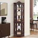 70" Lighted Large Bar Cabinet, Versatile Pantry with Tempered Glass Doors, Cabinet Organizer with Adjustable Shelves for Living Room & Home Display, Walnut