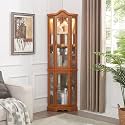 70" Lighted Large Bar Cabinet, Versatile Pantry with Tempered Glass Doors, Cabinet Organizer with Adjustable Shelves for Living Room &amp; Home Display, Oak