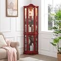 70" Lighted Large Bar Cabinet, Versatile Pantry with Tempered Glass Doors, Cabinet Organizer with Adjustable Shelves for Living Room &amp; Home Display, Cherry