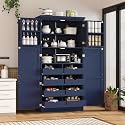 70.9 inch Kitchen Pantry Cabinet, Wood Freestanding Tall Storage Cabinet with 4 Doors and 2 Door Shelves, 8 Pull-Out Trays and Adjustable Shelf for Dining Room (Blue/65e)