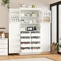 70.9 inch Kitchen Pantry Cabinet, Wood Freestanding Tall Storage Cabinet with 4 Doors and 2 Door Shelves, 8 Pull-Out Trays and Adjustable Shelf for Dining Room (White/65e)