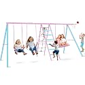 700 lb Pink Swing Sets for Backyard- 6 in 1 Playground Sets with 3 Swings