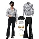 70s Outfits for Men, 7Pcs Disco Costume Include Retro Shirt Bell Bottom Pants Wig Sunglasses Necklace Wig Cap for Disco Party