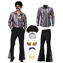70s Outfits for Men, 7Pcs Disco Costume Include Retro Shirt Bell Bottom Pants Wig Sunglasses Necklace Wig Cap for Disco Party