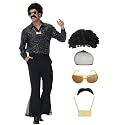 70s Outfits for Men, 7Pcs Disco Costume Include Retro Shirt Bell Bottom Pants Wig Sunglasses Necklace Wig Cap for Disco Party