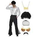 70s Outfits for Men, 7Pcs Disco Costume Include Retro Shirt Bell Bottom Pants Wig Sunglasses Necklace Wig Cap for Disco Party