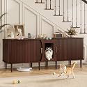 71" Double Cat Litter Box Enclosure Furniture for 2 Cats,Fluted Large Litter Box Hidden Furniture with Sliding Door and Scratching Pad,Indoor Pet House Modern Cabinet TV Stand for Living Room(Walnut)