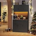 71" Kitchen Pantry Cabinets with Hutch - Freestanding Pantry Cabinet with Drawer, Adjustable Shelves, LED Light &amp; Power Outlets for Kitchen, Dining Room, Living Room (Black)
