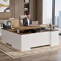 71" L Shaped Executive Desk with File Cabinet Drawers Outlet USB, Height Adjustable Modern Desk Privacy Panel Sit-Stand Workstation for Boss Managers Office Home, Walnut &amp; Antique White