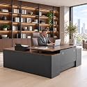 71" L Shaped Executive Standing Desk with File Cabinet, Power Outlet & USB, Height Adjustable Office Desk for Corporate, School, Healthcare, Government & Home Office Dark Walnut