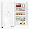 71" Metal Garage Storage Locker Cabinet with Wheels,Rolling White Lockable Tool Cabinet with 2 Doors and 4 Adjustable Shelves, Steel Office File Cabinet for Home Office Warehouse Gym