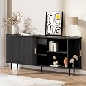 71" Sideboard Buffet Cabinet with Storage,Large Credenza with Sliding Doors and 1 Drawer,Mid Century Modern Coffee Bar Cabinet with Adjustable Shelves for Dining Room, Kitchen, Living Room (Black)