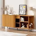 71" Sideboard Buffet Cabinet with Storage,Large Credenza with Sliding Doors and1 Drawer,Mid Century Modern Coffee Bar Cabinet with Adjustable Shelves for Dining Room,Kitchen,Living Room(Yellow Walnut)