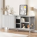 71" Sideboard Buffet Cabinet with Storage,Large Credenza with Sliding Doors and 1 Drawer,Mid Century Modern Coffee Bar Cabinet with Adjustable Shelves for Dining Room, Kitchen, Living Room (White)