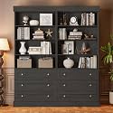 ivaniti 71" Tall Farmhouse Bookshelves, Black Large Bookcase with Adjustable Shelves, 3 Drawers Wooden Storage Cabinet for Living Room, Kitchen, Home Office, Dining Room, 2 Pcs Open Unit