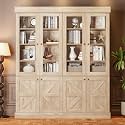 71" Tall Farmhouse Bookshelves with Glass Doors, Rustic Large Bookcase with Adjustable Shelves, Wooden Storage Cabinet for Living Room, Kitchen, Home Office, Dining Room, Brown, Glass Door(2 Pcs)