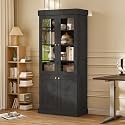 71" Tall Farmhouse Bookshelves with Glass Doors, Rustic Large Bookcase with Adjustable Shelves, Wooden Storage Cabinet for Living Room, Kitchen, Home Office, Dining Room (Black, Glass Door Unit)