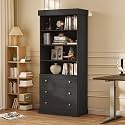 ivaniti 71" Tall Farmhouse Bookshelves, Black Large Bookcase with Adjustable Shelves, 3 Drawers Wooden Storage Cabinet for Living Room, Kitchen, Home Office, Dining Room, Open Cabinet