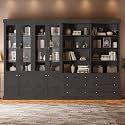 ivaniti 71" Farmhouse Bookcase with Glass Doors &amp; Drawers, Tall Wooden Storage Cabinet with Adjustable Shelves for Living Room, Kitchen, Home Office, Dining Room – Rustic Black, Set of 4