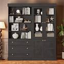 ivaniti 71" Farmhouse Bookcase with Glass Doors &amp; Drawers, Tall Wooden Storage Cabinet with Adjustable Shelves for Living Room, Kitchen, Home Office, Dining Room – Rustic Black, Set of 2