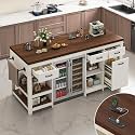 72" Large Kitchen Island with Storage, Modern Kitchen Bar Island Table with Power Outlet, Stationary Island Cabinet with 6 Drawers &amp; Fridge Space, Wood Counter Height Island Bar for Dining Room