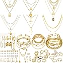 73 Pcs Gold Jewelry Set with 6Pcs Layered Necklace, 11 Pcs anklet and 7Pcs Earring Ear Cuff,12Hoop Earrings ,15pcs Rings,21pcs stud earrings Jewerly set for Women Pack for Friendship Party Gift