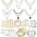 73 Pcs Gold Jewelry Set with 6Pcs Layered Necklace, 11 Pcs anklet and 7Pcs Earring Ear Cuff,12Hoop Earrings ,15pcs Rings,21pcs stud earrings Jewerly set for Women Pack for Friendship Party Gift