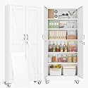 74" Metal Garage Storage Locker Cabinet with Wheels,Rolling White Farmhouse Kitchen Pantry Cabinet with 2 Doors and 5 Adjustable Shelves, Steel File Tool Cabinet for Home Office Warehouse