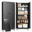 74" Metal Garage Storage Locker Cabinet with Wheels,Rolling Black Lockable Tool Cabinet with 2 Doors and 5 Adjustable Shelves, Steel Office File Cabinet for Home Office Warehouse Gym