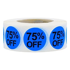 75 percent off blue stickers for retail  34 inch round 500 semi-gloss adhesive labels per roll for clearance sales discounts and promotions  made in the usa